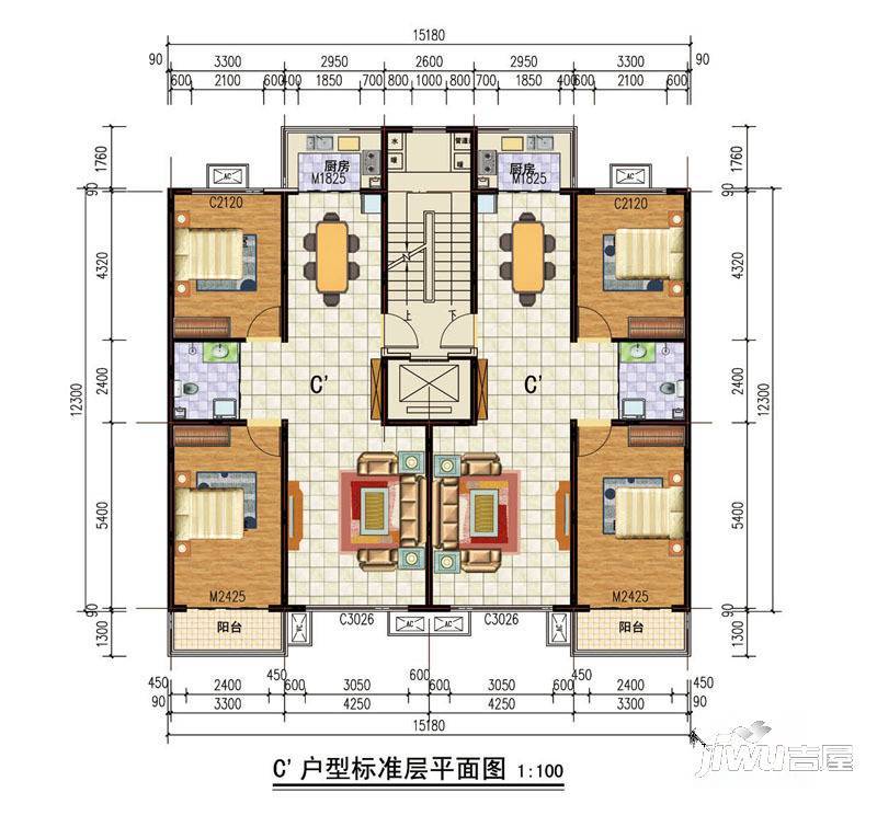 古冶金盛花苑2室2厅1卫106.6㎡户型图