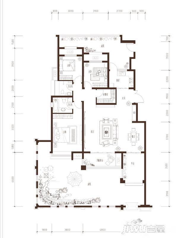 建投熙湖1室2厅2卫138.6㎡户型图