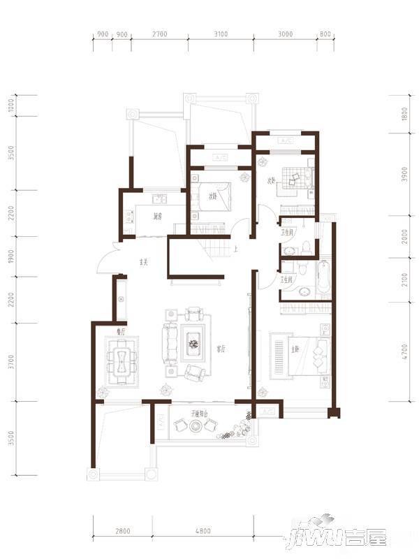 建投熙湖1室2厅2卫138.6㎡户型图