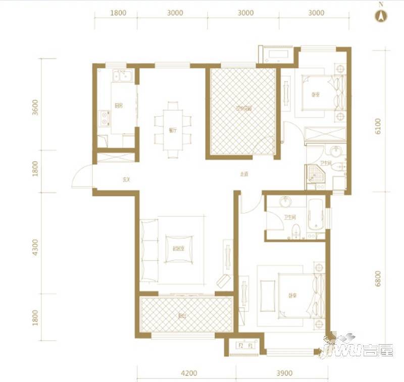 恒茂国际都会2室2厅1卫130㎡户型图