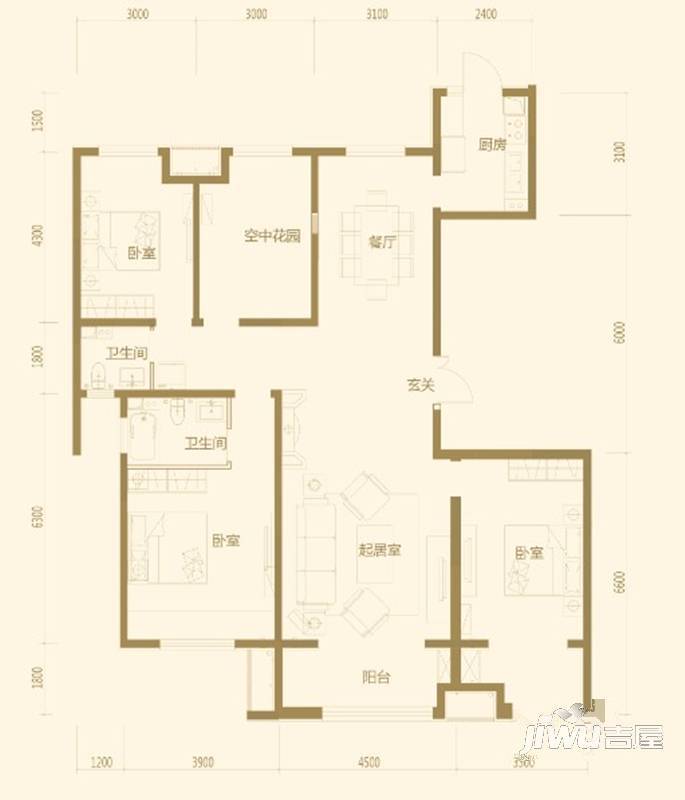 恒茂国际都会3室2厅2卫171㎡户型图