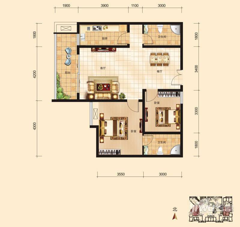 金水华府2室2厅2卫96.9㎡户型图