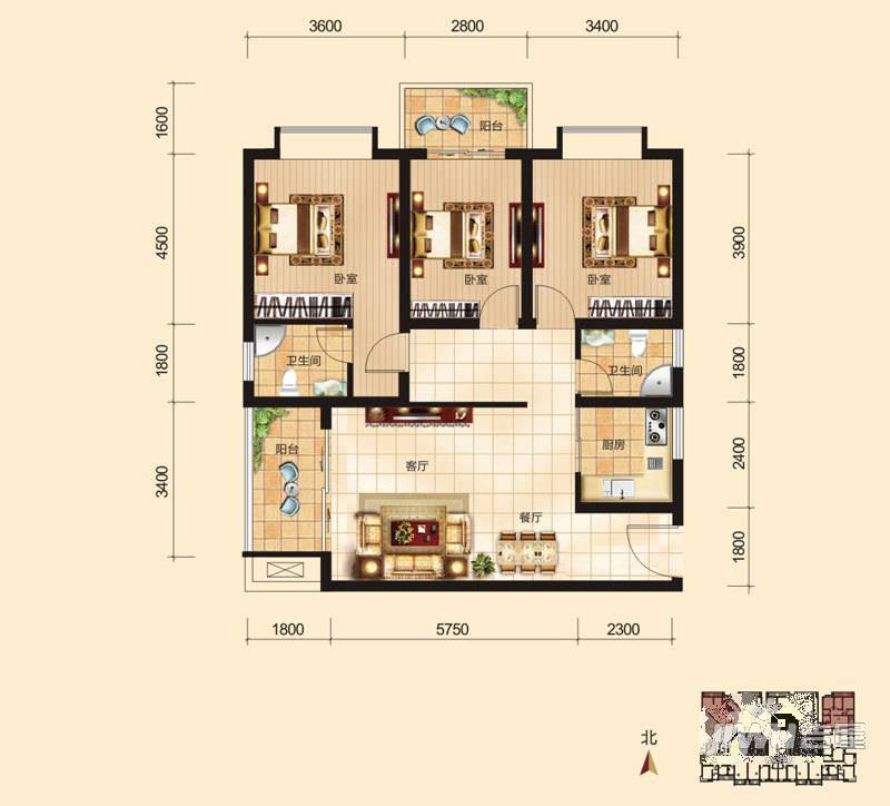 金水华府3室2厅2卫118㎡户型图