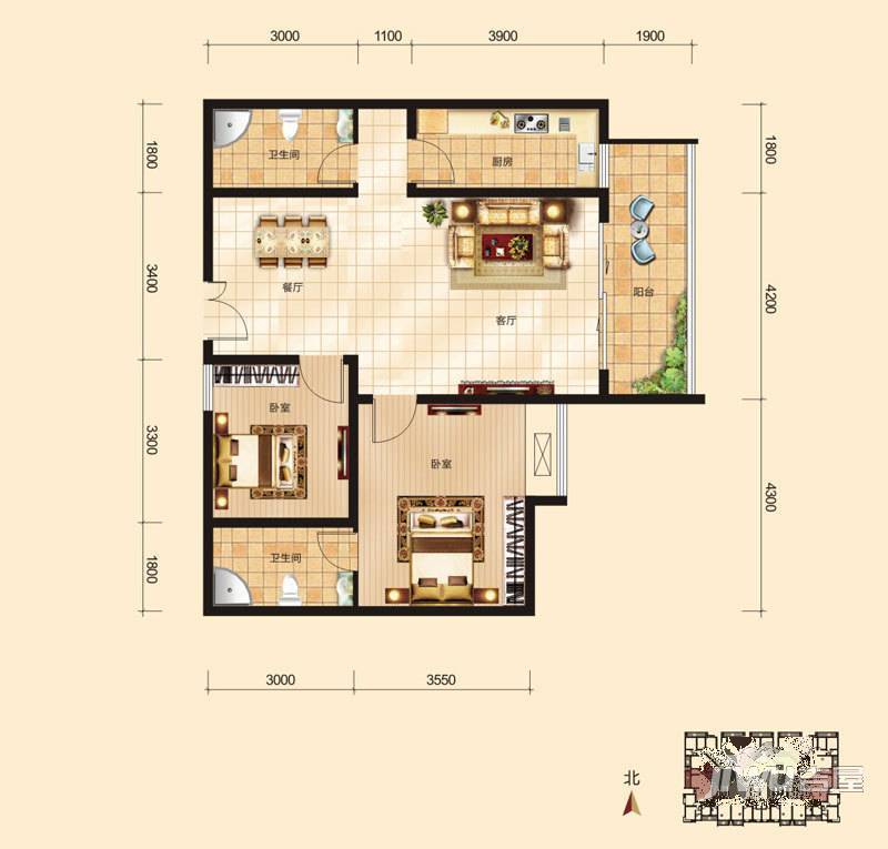 金水华府2室2厅2卫96.9㎡户型图