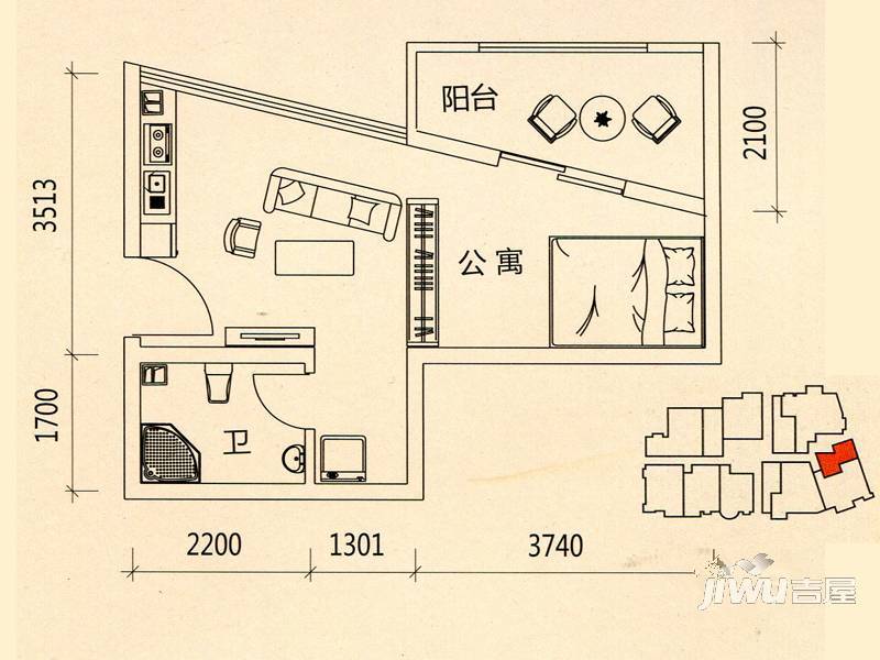 城西大厦1室1厅1卫34.9㎡户型图