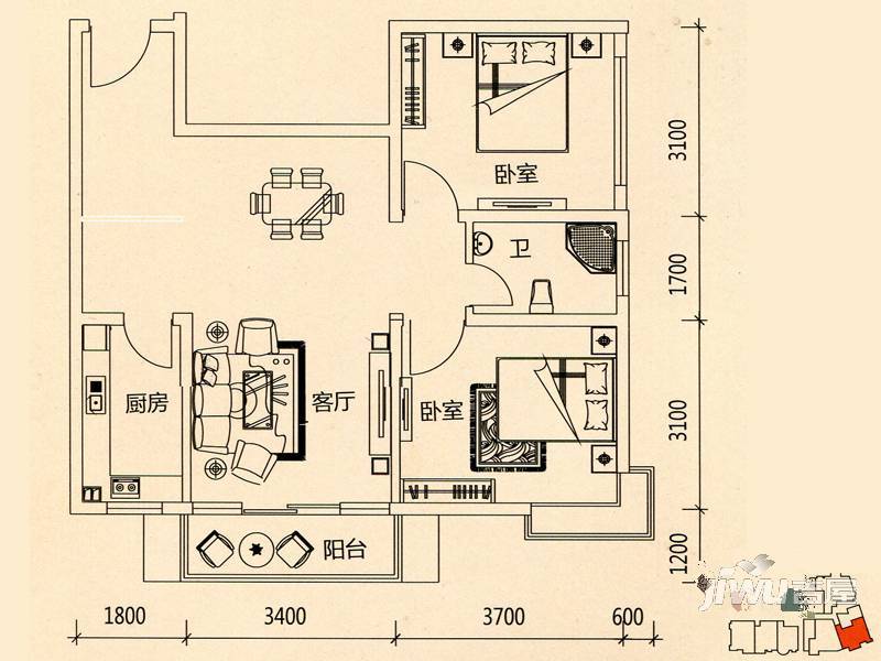 城西大厦2室2厅1卫84.8㎡户型图