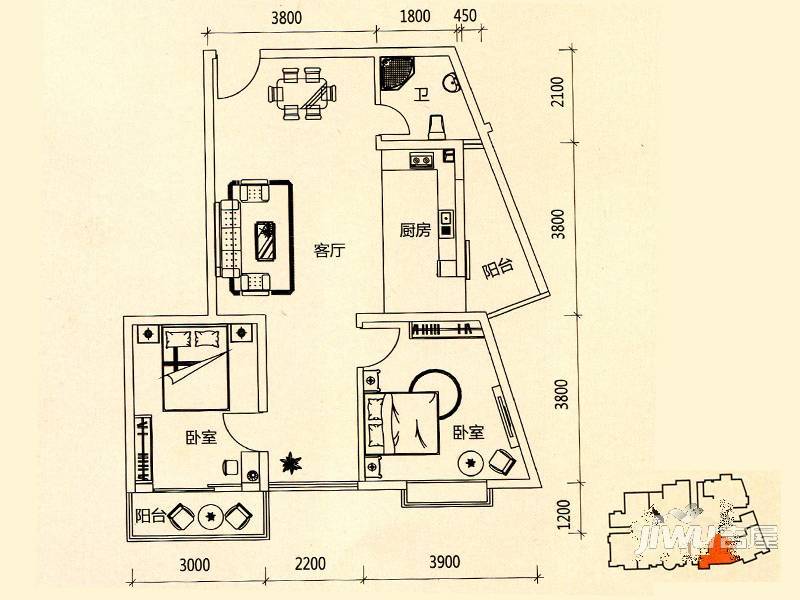 城西大厦2室1厅1卫89.5㎡户型图