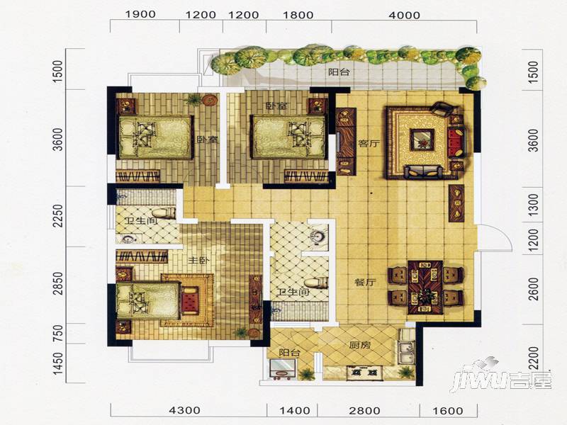 万象城益佳苑3室2厅2卫125.2㎡户型图