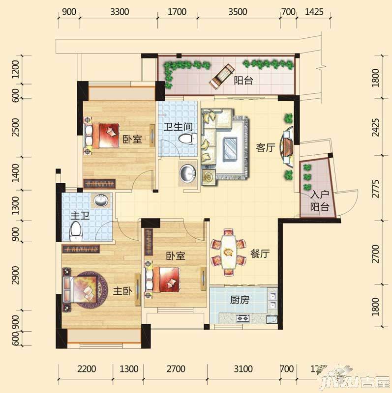 碧园印象桂林3室2厅2卫119㎡户型图