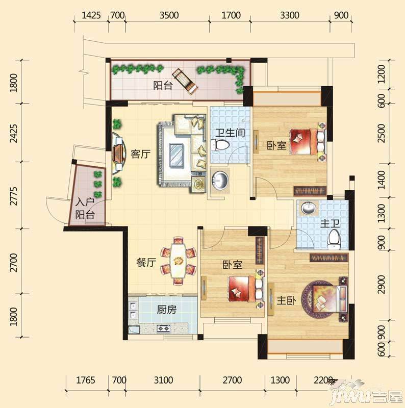 碧园印象桂林3室2厅2卫120㎡户型图