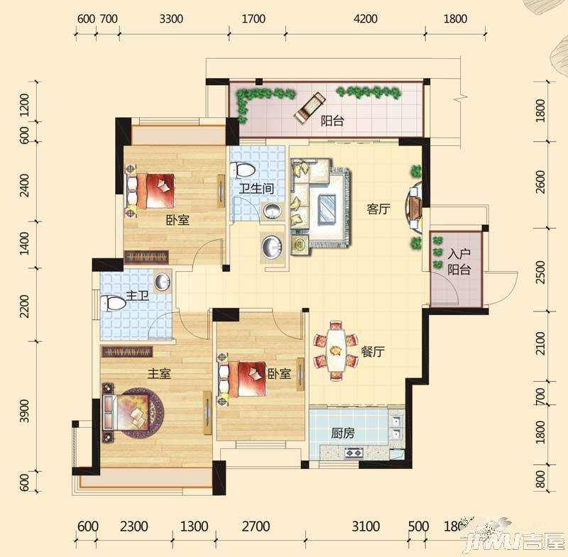 碧园印象桂林3室2厅2卫122㎡户型图