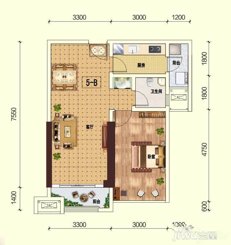 彰泰峰誉1室1厅1卫64㎡户型图