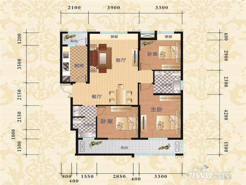 鹏程金色城市3室2厅2卫109.3㎡户型图