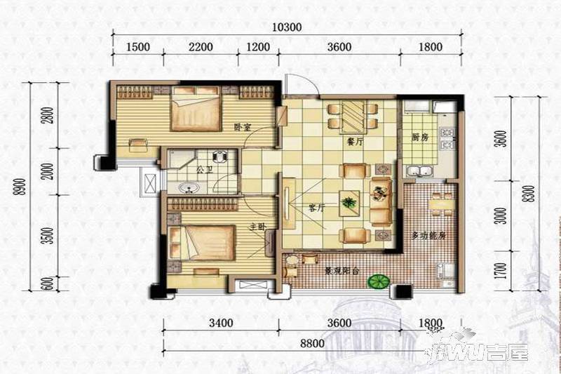 兴汇城商铺3室2厅1卫84.7㎡户型图