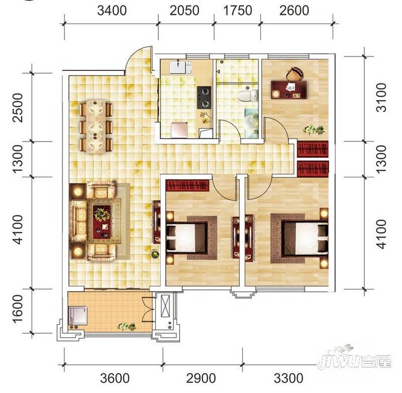 城建琥珀瑞安家园3室2厅1卫113.6㎡户型图
