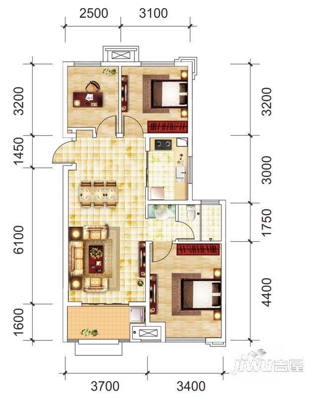 城建琥珀瑞安家园3室2厅1卫100㎡户型图