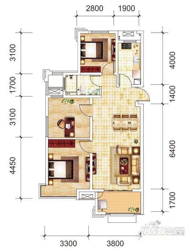 城建琥珀瑞安家园3室2厅1卫102㎡户型图