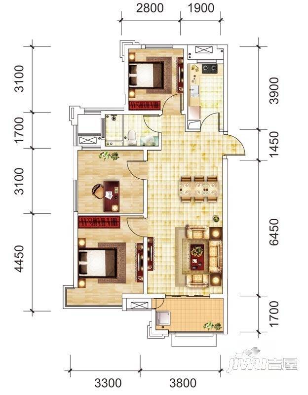 城建琥珀瑞安家园3室2厅1卫102㎡户型图