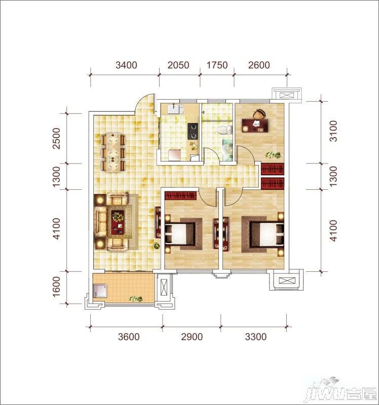 城建琥珀瑞安家园3室2厅1卫113.6㎡户型图