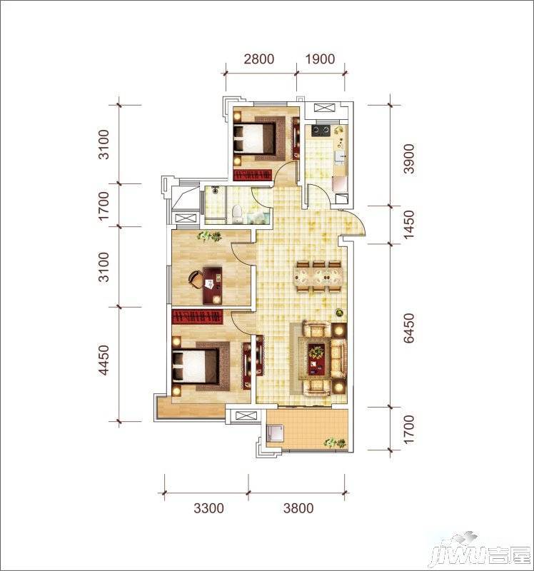 城建琥珀瑞安家园3室2厅1卫102㎡户型图