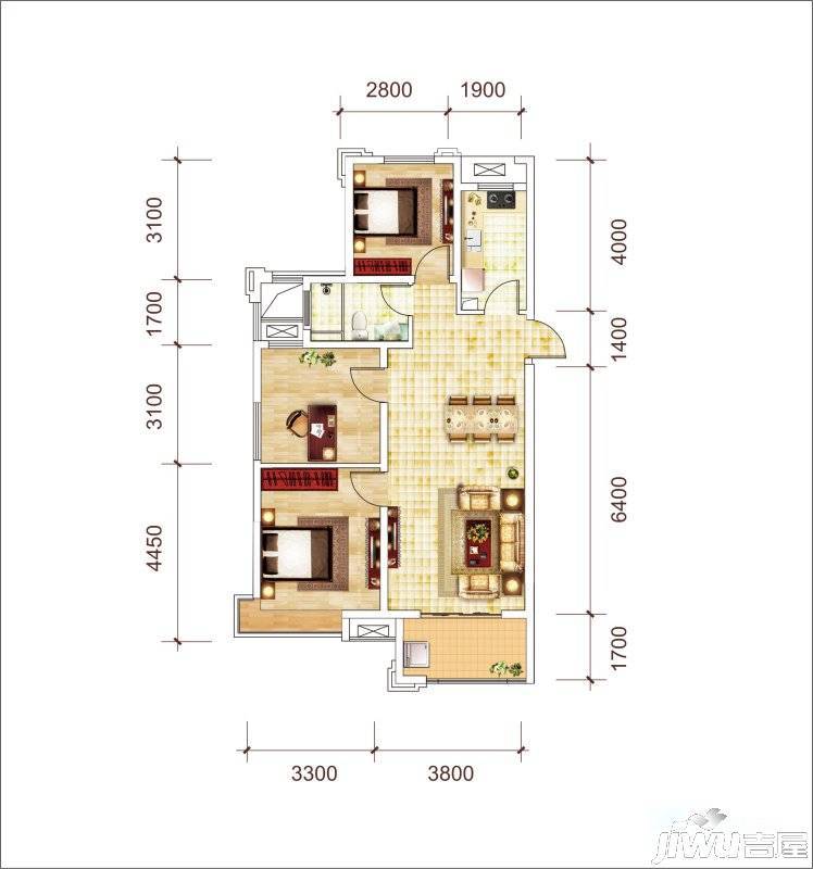 城建琥珀瑞安家园3室2厅1卫102㎡户型图