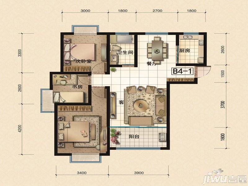 华冶翡翠湾3室2厅1卫98.3㎡户型图