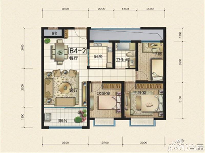 华冶翡翠湾3室2厅1卫87.8㎡户型图