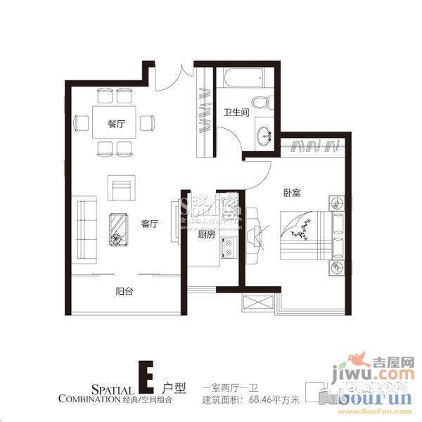 北郡B区1室1厅1卫43.6㎡户型图