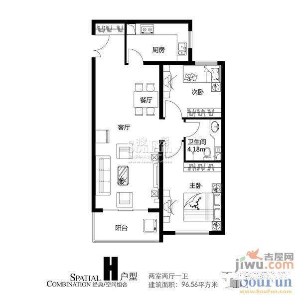 北郡B区1室1厅1卫43.6㎡户型图