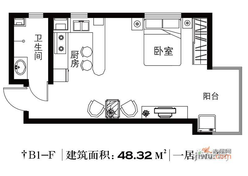 北郡B区1室1厅1卫43.6㎡户型图