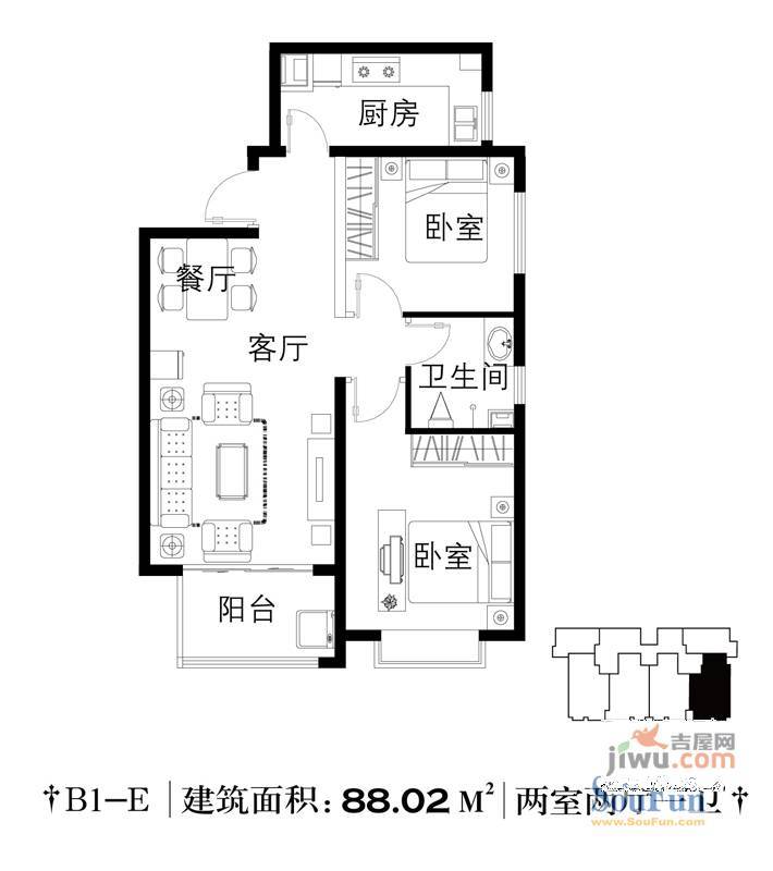 北郡B区1室1厅1卫43.6㎡户型图