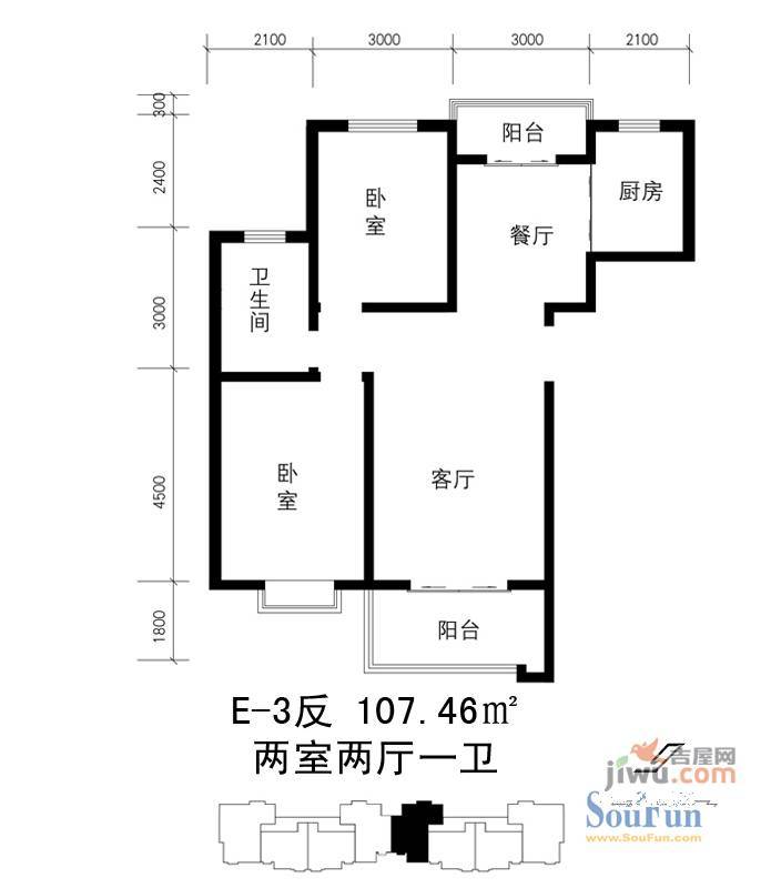 北郡B区1室1厅1卫43.6㎡户型图