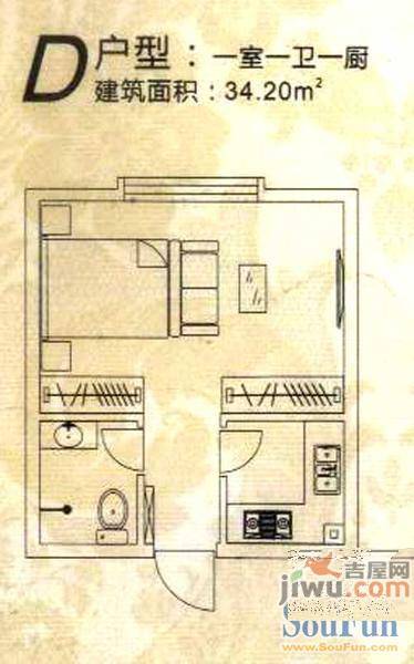 尹泰花园三期1室1厅1卫34.2㎡户型图