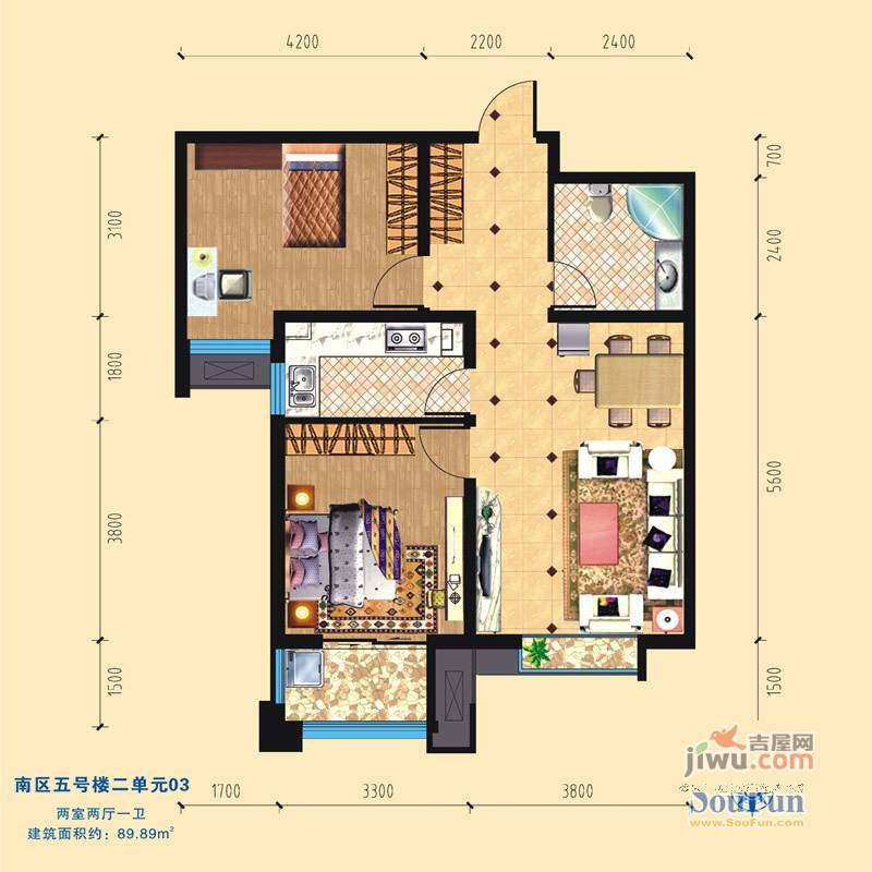 风尚水郡2室2厅1卫89.9㎡户型图