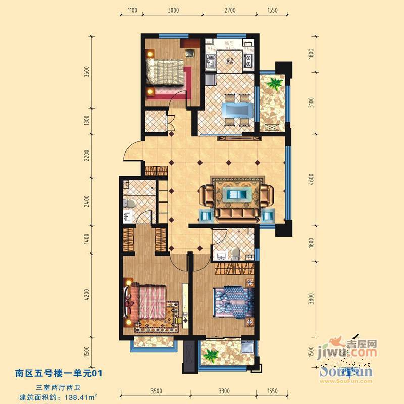 风尚水郡3室2厅2卫126.9㎡户型图