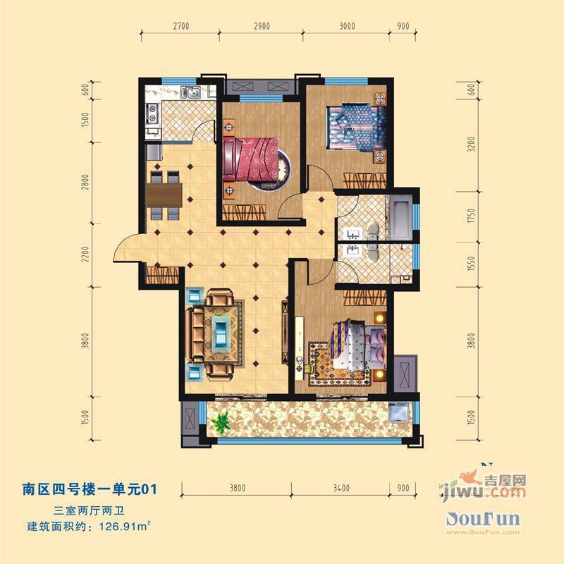 风尚水郡3室2厅2卫126.9㎡户型图