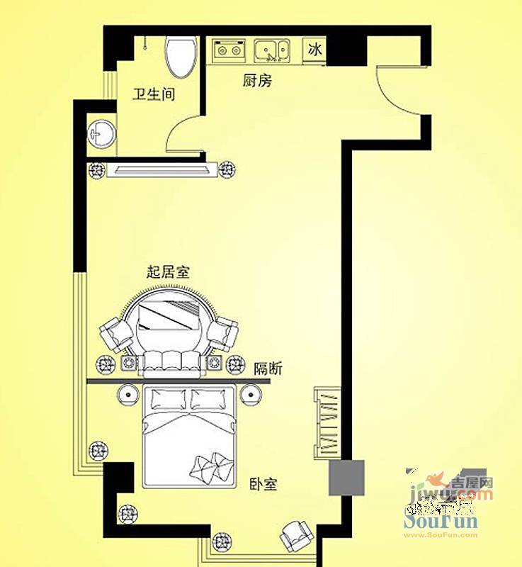 汇特虹1室2厅1卫70.1㎡户型图