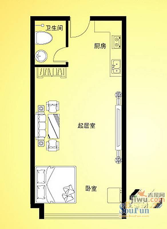 汇特虹1室1厅1卫57.3㎡户型图