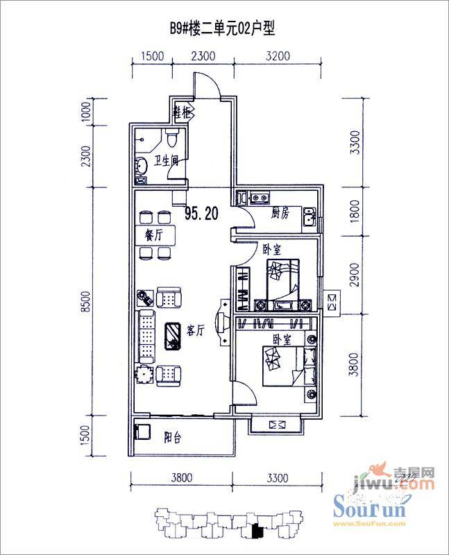 国瑞城2室2厅2卫115.3㎡户型图