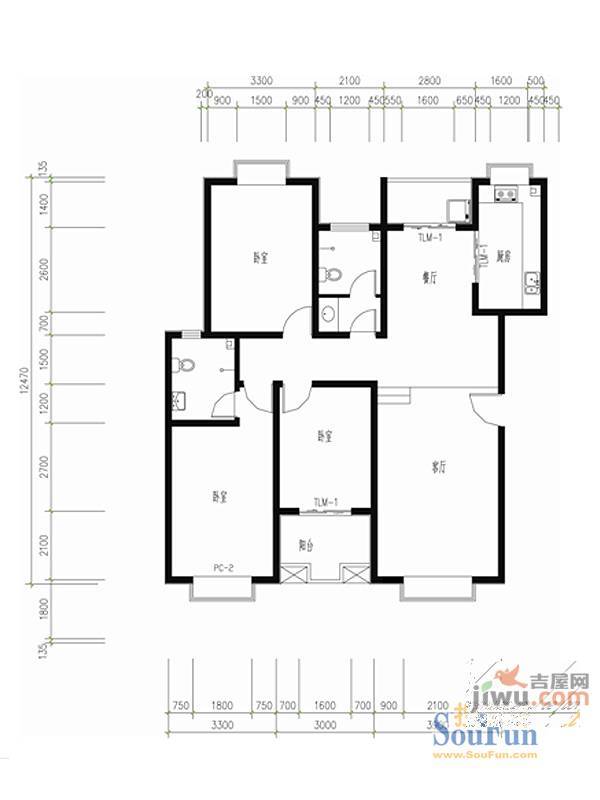 丽日青城2室2厅1卫96.4㎡户型图