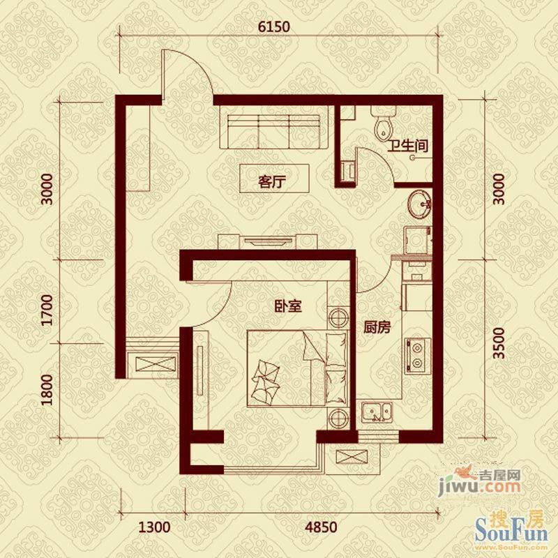 中基礼域1室2厅1卫76.8㎡户型图