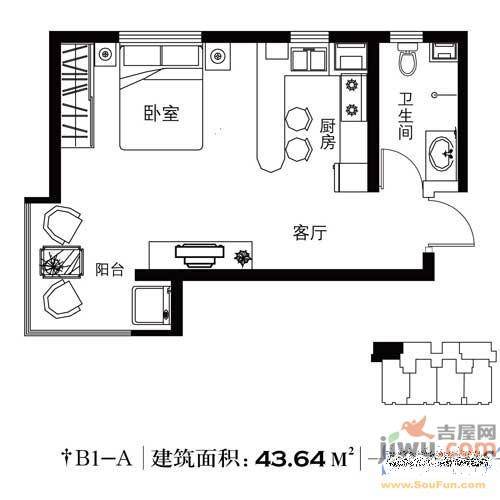 北郡B区1室1厅1卫43.6㎡户型图