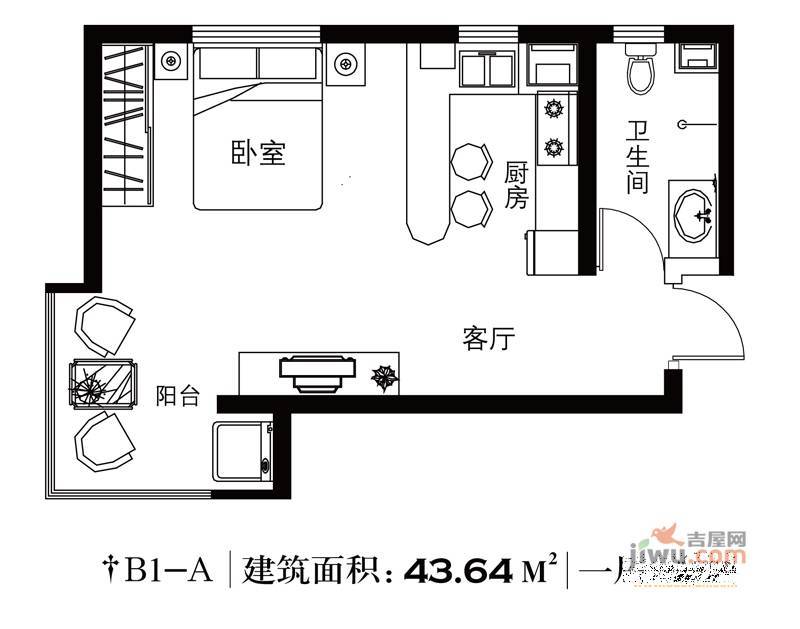 北郡B区1室1厅1卫43.6㎡户型图