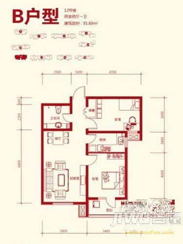 众美凤凰城二期2室2厅0卫91.7㎡户型图