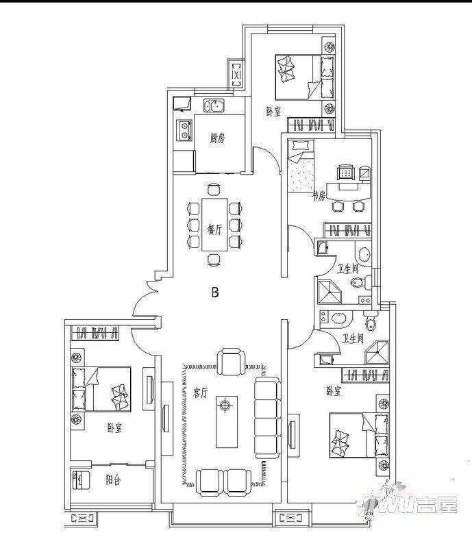 谈固国瑞城2室2厅1卫93㎡户型图