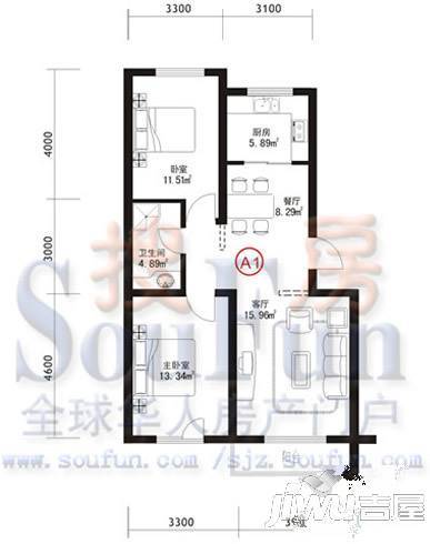 安联蓝水晶1室2厅1卫59.6㎡户型图