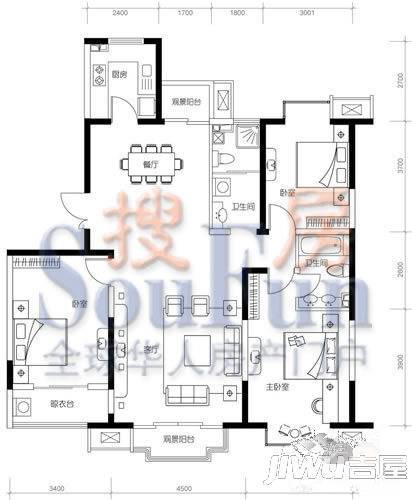 国富华庭3室2厅2卫户型图