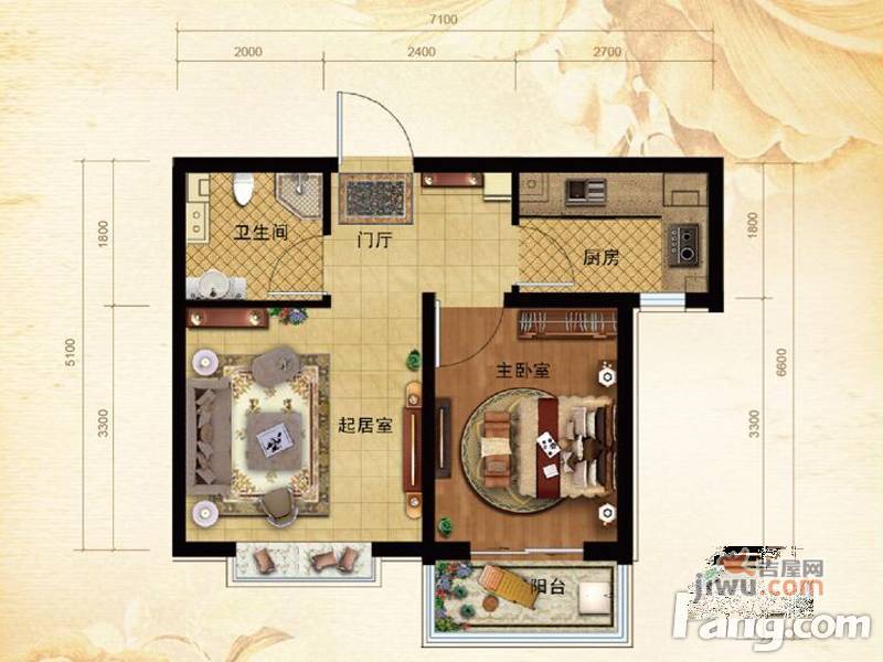 正洋花园1室1厅1卫50.1㎡户型图