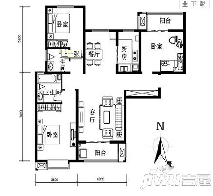 北郡B区1室1厅1卫43.6㎡户型图