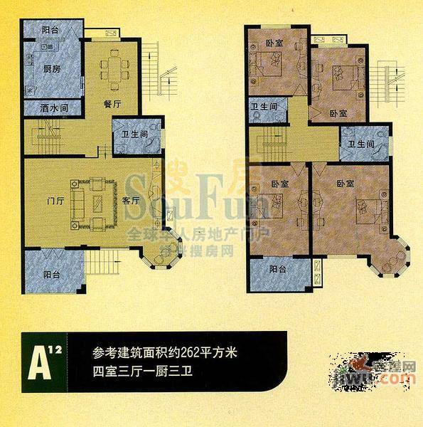 玲珑小筑4室3厅3卫262㎡户型图